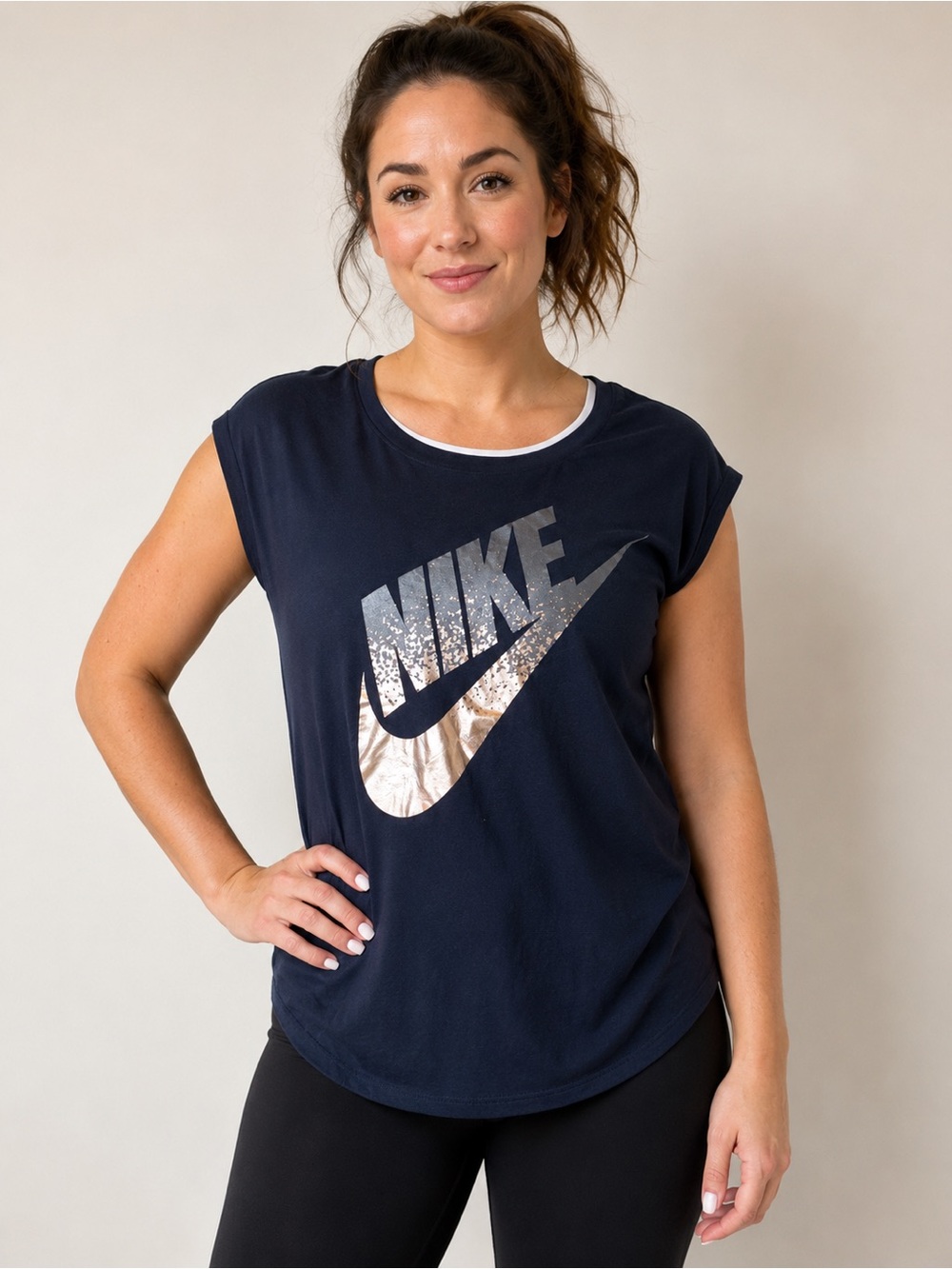 Nike Women’s Size S Black Metallic Logo Sleeveless Top Rose Gold Silver